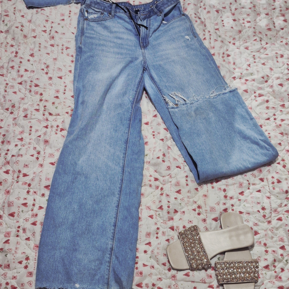 American Eagle Outfitters Light Blue Wide Leg Pants and Crop Top